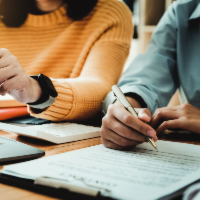 Two people collaborating over contract, books, calculatory, and laptop
